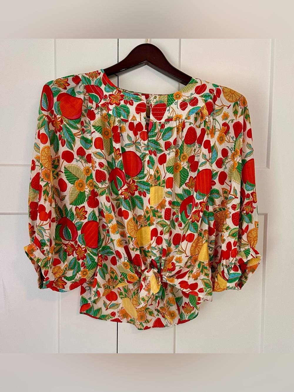 Rose & Olive Fruit-Print Tie-Front Blouse in Red, Green, Yellow